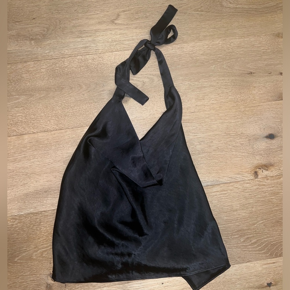 Black halter neck silk tie top, size small, open back twist